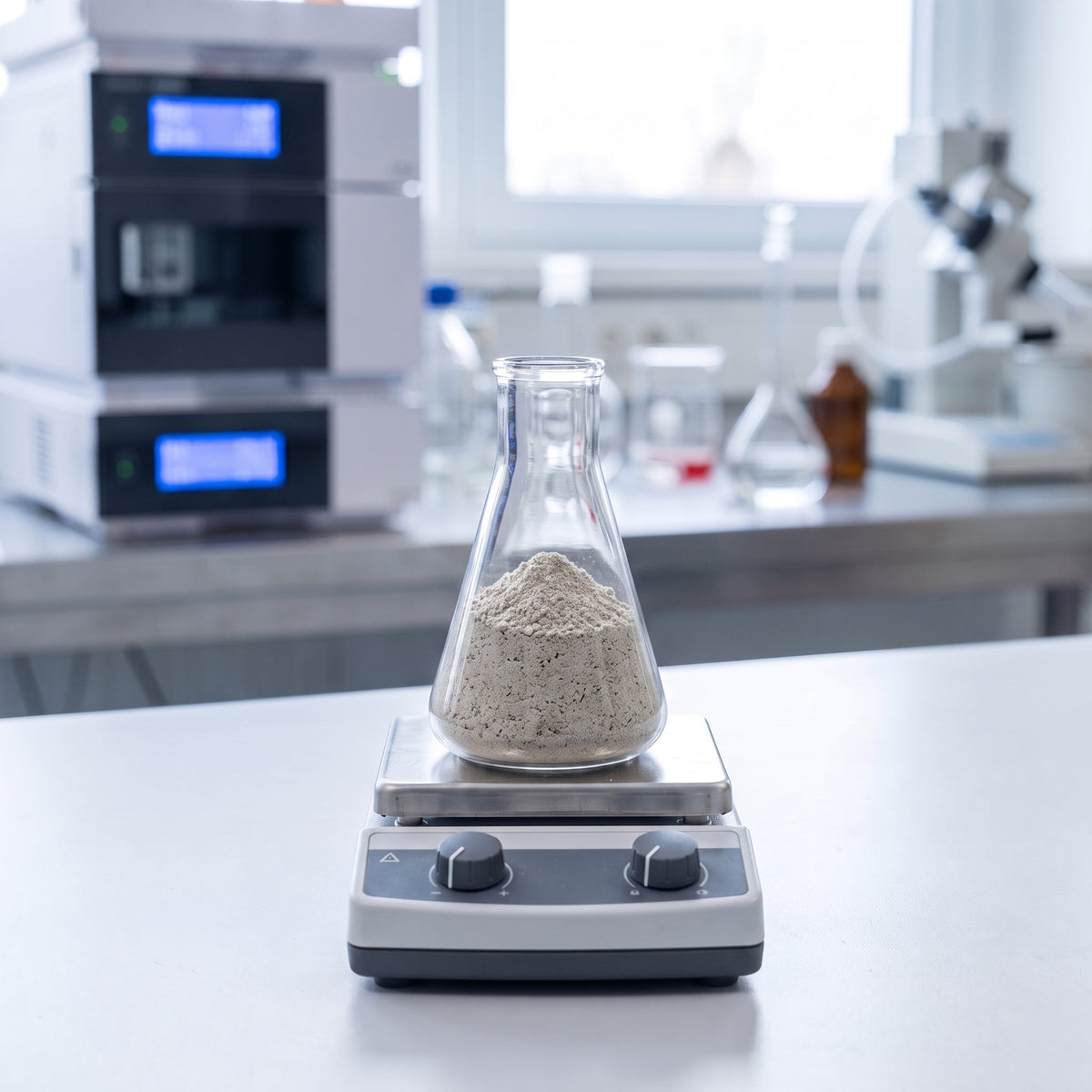 Erlenmeyer flask with sunflower protein on a magnetic stirrer in the laboratory