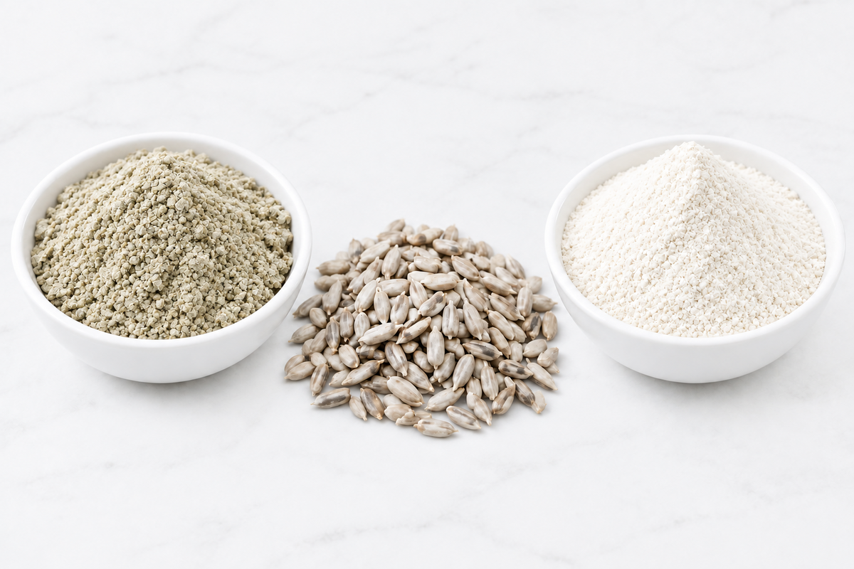 Two bowls of grey-green and white sunflower protein with sunflower seeds in between