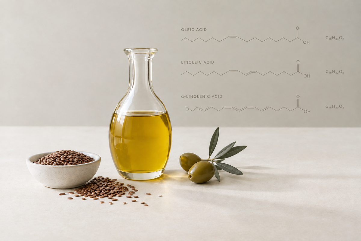 Plant oil in a glass carafe with seeds and olives in front of illustrated fatty acid structures