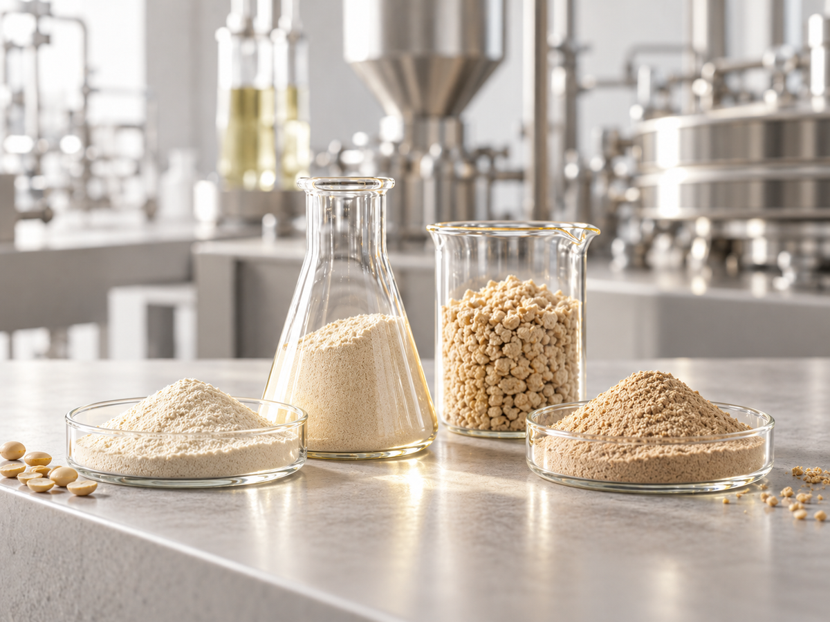 Laboratory jars containing protein powders and seeds in front of a production plant