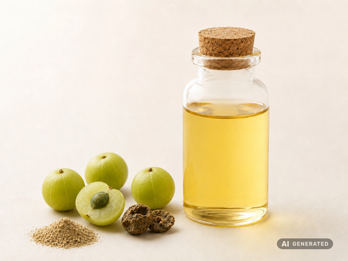Amla Macerate (dried fruit), organic – yellow oil in a glass bottle, with green amla fruits and powder alongside