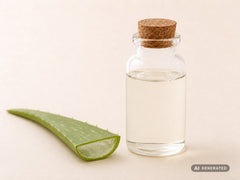 Aloe Vera Oil Macerate, organic – clear oil in a glass bottle with a cork next to an aloe vera leaf