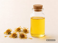 Arnica Macerate (dried flowers), COS, organic – yellow oil in a glass bottle with dried arnica flowers