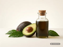 Avocado Oil, cold-pressed, organic (food grade) – dark green oil in a glass bottle with a halved avocado and leaves