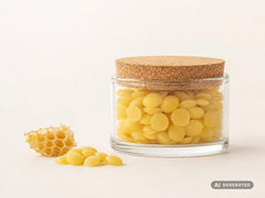 Beeswax, yellow (pastilles) – yellow wax pastilles in a jar with cork lid next to a honeycomb