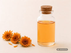 Calendula Macerate, dried flowers, organic – orange oil in a glass bottle with marigold flowers