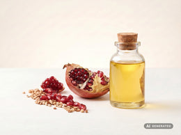 Pomegranate Seed Oil, cold-pressed, organic – yellow oil in a glass bottle with an opened pomegranate and seeds