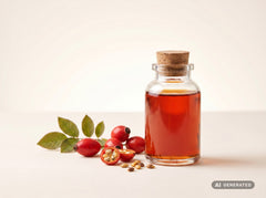 Rosehip Seed Oil, cold-pressed, organic – reddish oil in a glass bottle with rosehips and leaves