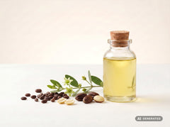 Jojoba Oil, cold-pressed, organic – golden-yellow oil in a glass bottle with jojoba seeds and a sprig