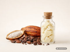 Cocoa Butter, deodorised, organic – pale pieces of cocoa butter in a glass bottle with cocoa pod and cocoa beans