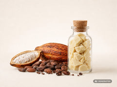 Cocoa Butter, unrefined, organic – yellowish pieces of cocoa butter in a glass bottle with cocoa pod and cocoa beans