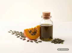 Pumpkin Seed Oil, roasted, organic (food grade) – dark green oil in a glass bottle with a piece of pumpkin and pumpkin seeds