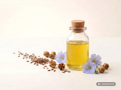 Linseed Oil, cold-pressed, organic (food grade) – golden-yellow oil in a glass bottle with linseeds and blue flax flowers