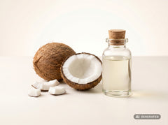 MCT Oil, organic (food grade) – clear, light yellow oil in a glass bottle with an opened coconut