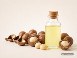 Aceite de macadamia prensado en frío, ecológico: aceite amarillo claro en botella de vidrio con nueces de macadamia
