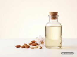Aceite de almendra prensado en frío, ecológico (alimentario): aceite amarillo claro en botella de vidrio con almendras y flor de almendro