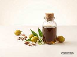 Neem Oil, cold-pressed, organic – dark brown oil in a glass bottle with neem fruits and leaves
