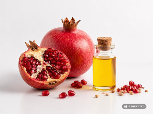 AOT PunicActive, organic – golden-yellow oil in a glass bottle in front of a cut pomegranate with seeds