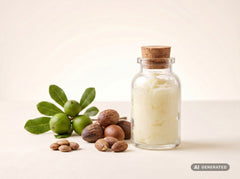 Shea Butter, unrefined, organic – yellowish-white, creamy butter in a glass bottle with shea nuts and fruits