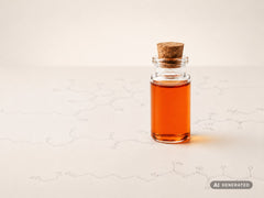 StoppOx® Toco 70 Soy: líquido anaranjado en botella de vidrio delante de fórmulas estructurales esbozadas