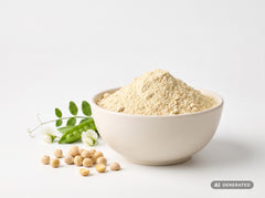Proteína de guisante 80, ecológica: proteína en polvo clara en un cuenco blanco con guisantes y flores de guisante