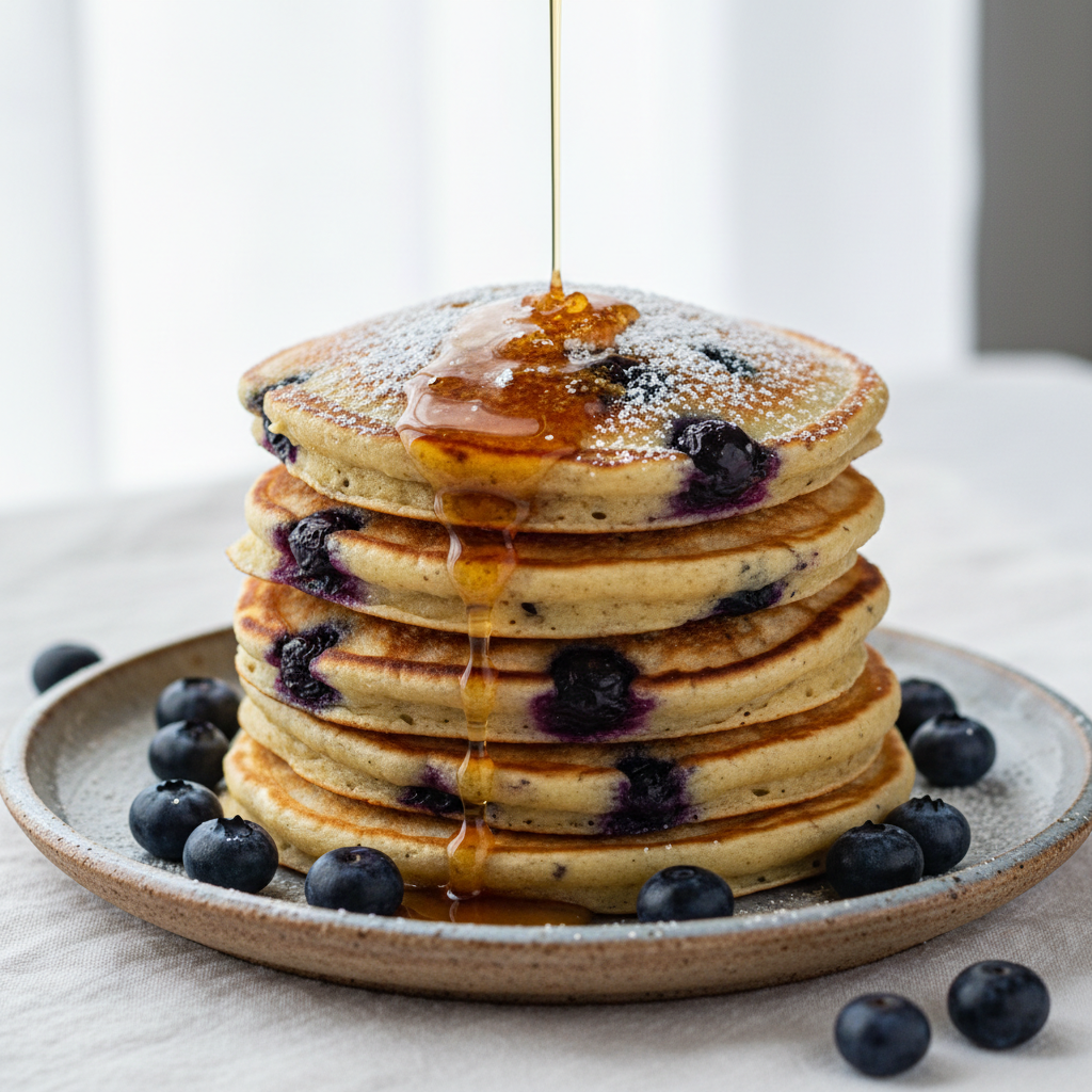 Stapel veganer Blaubeer-Pancakes mit Sirup