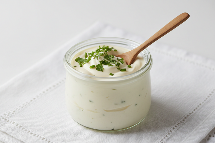 Vegane Mayonnaise im Glas mit Holzlöffel und Kräutern