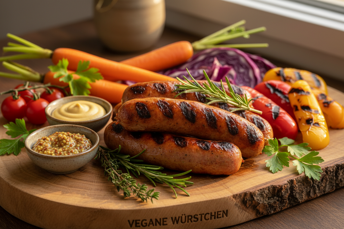 Vegane Würstchen auf einem Holzbrett mit gegrilltem Gemüse und Senf